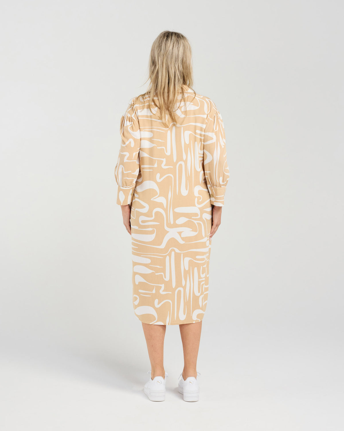 Mono Print 3/4 Sleeve Collared Dress