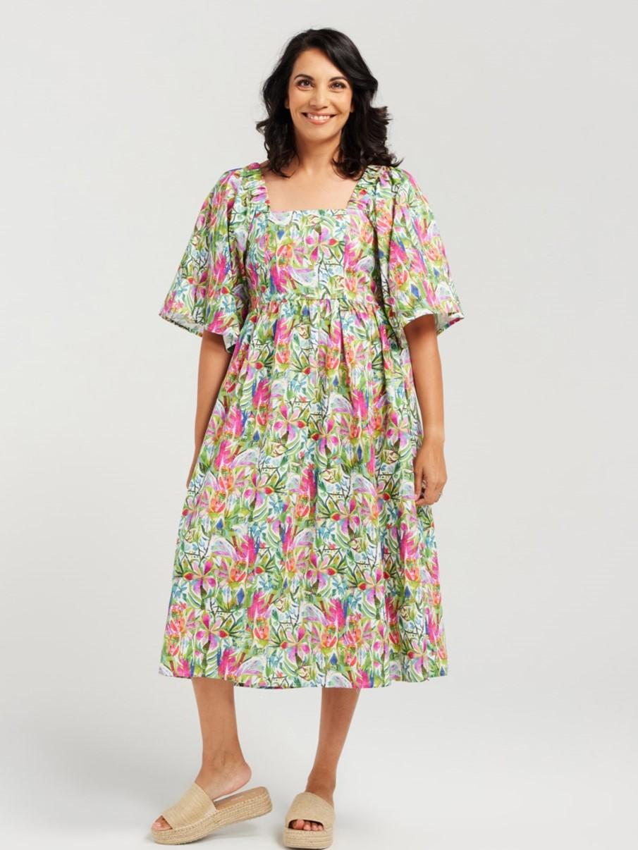 Linen Blend Floral Square Neck Dress