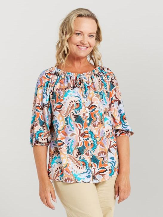 Button Front Gathered Neck Top