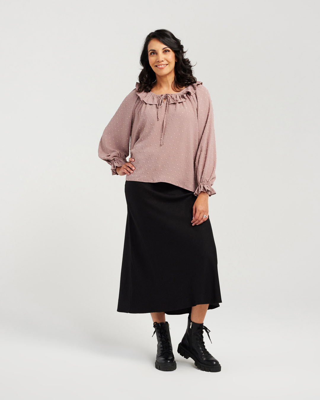 Tuffed Dot Ruffle Neck Top