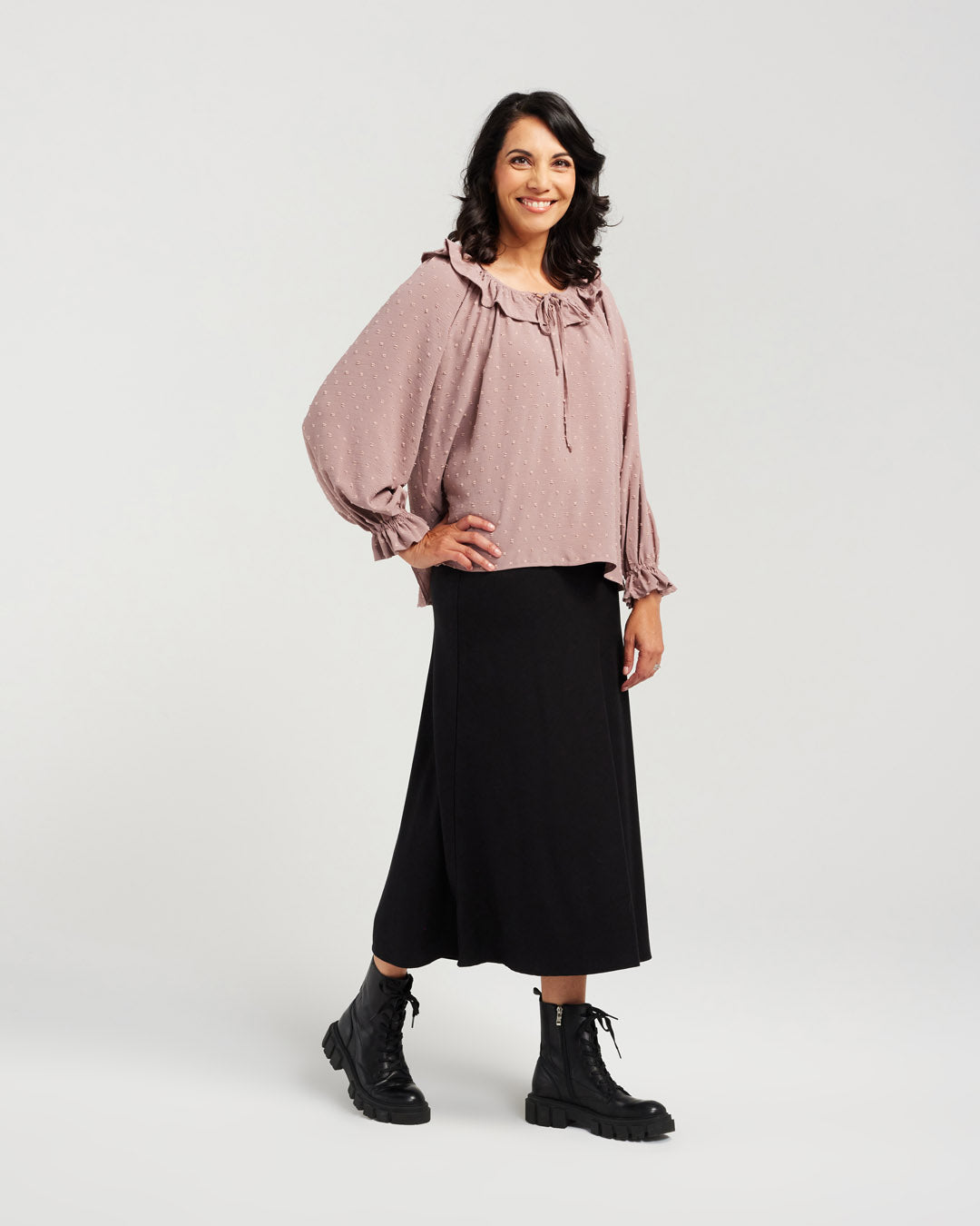 Tuffed Dot Ruffle Neck Top