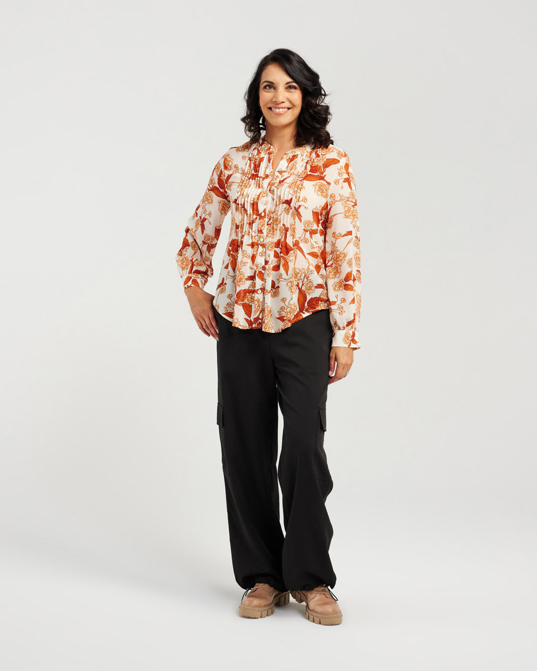 Pintuck Floral Collarless Shirt