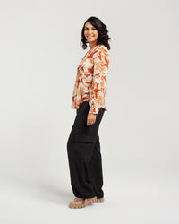 Pintuck Floral Collarless Shirt