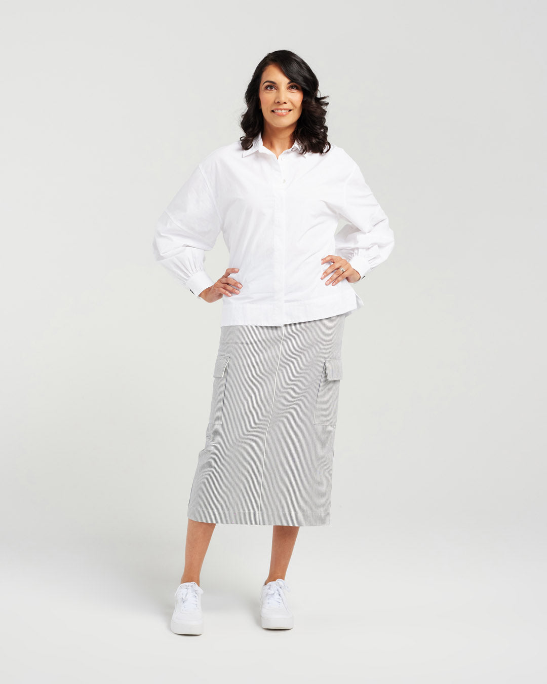 Stripe Cotton Twill Skirt - Dropped Side Pockets