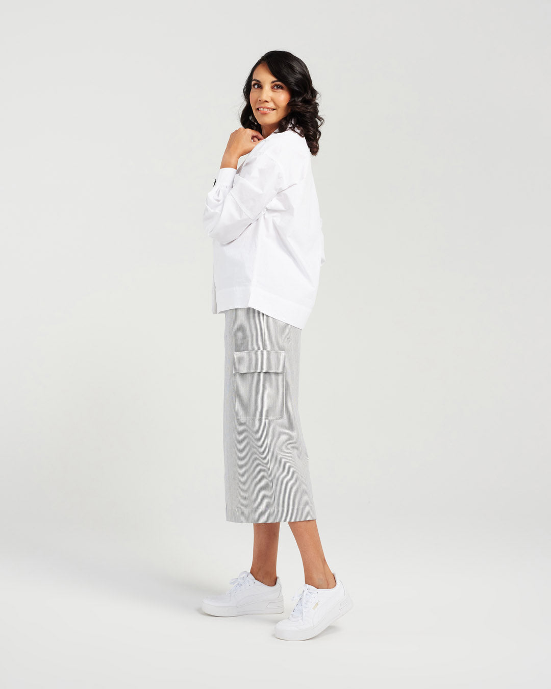Stripe Cotton Twill Skirt - Dropped Side Pockets