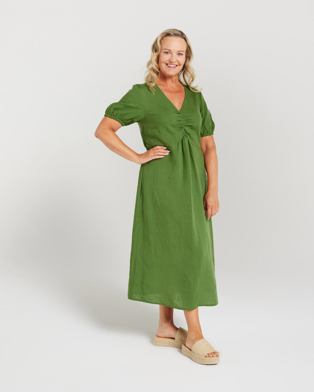 chinese dress ladies Tencel Linen Gathered Front Dress – Blackstone Clothing