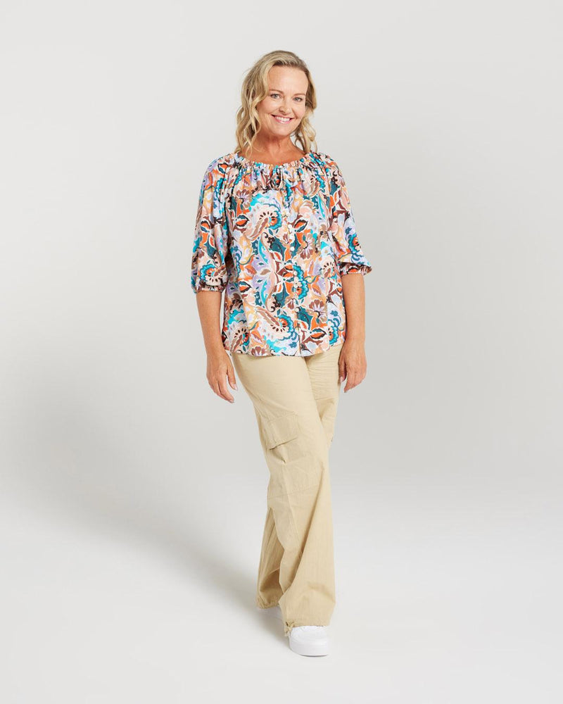 Button Front Gathered Neck Top