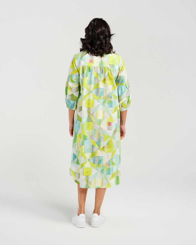 Gathered Sleeve Linen Blend Print Dress