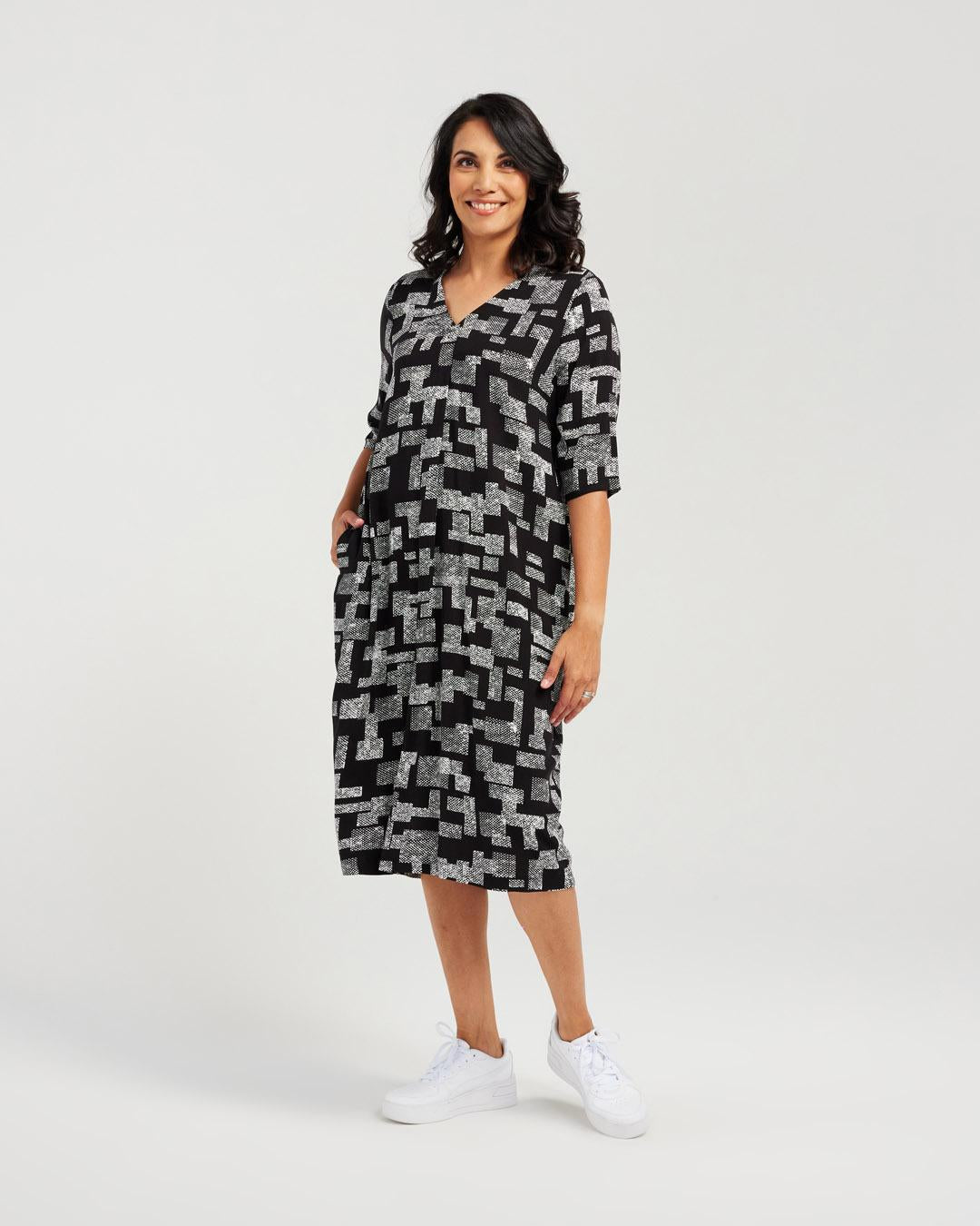 Block Print V Neck Dress